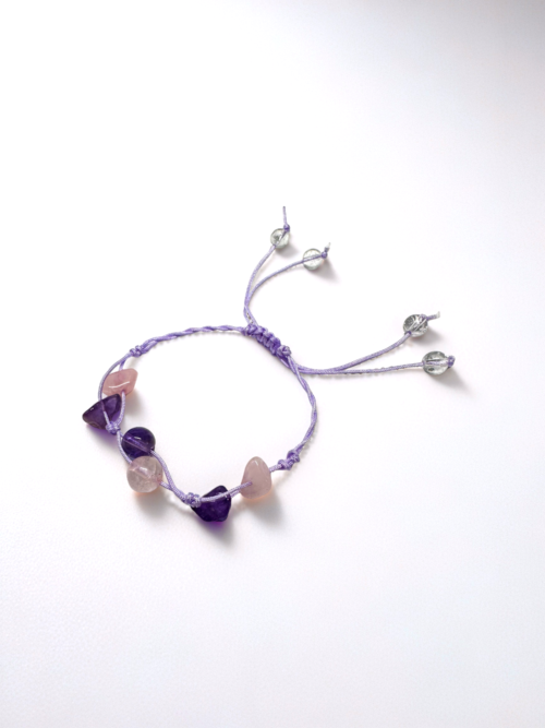 粉晶 Rose Quartz + 紫水晶 Amethyst + 白水晶 Clear Quartz 手工手繩