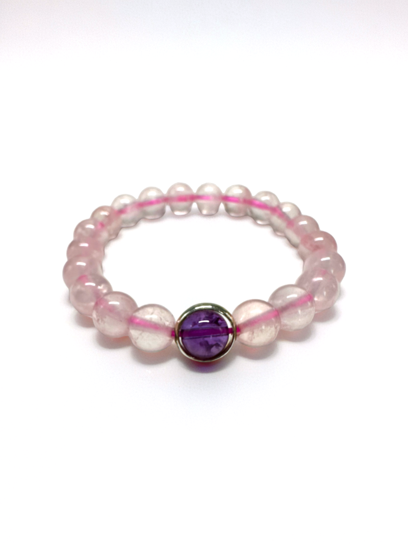 粉晶 Rose Quartz + 紫水晶 Amethyst 純銀手鏈