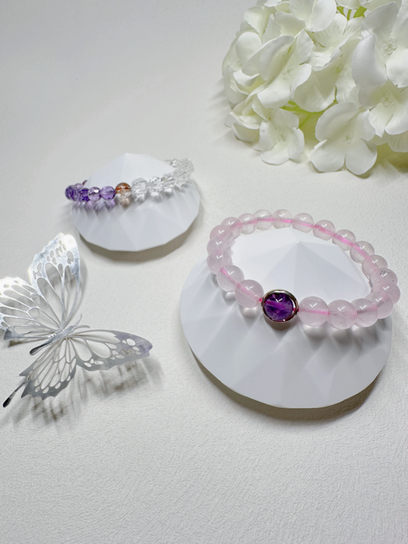 粉晶 Rose Quartz + 紫水晶 Amethyst 純銀手鏈