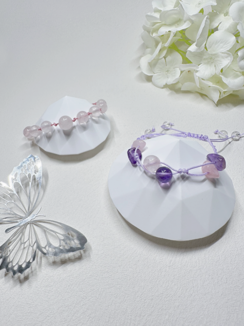 粉晶 Rose Quartz + 紫水晶 Amethyst + 白水晶 Clear Quartz 手繩